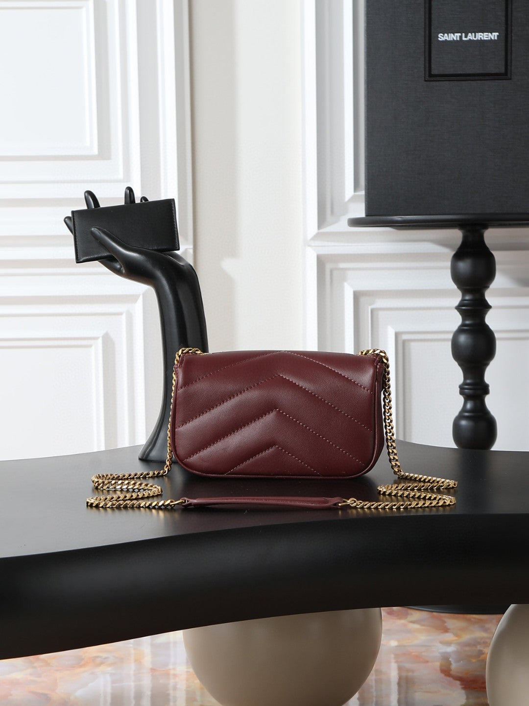 Saint Laurent Loulou Mini crossbody bag in the Hot Wine burgundy lambskin leather with gold-toned hardware