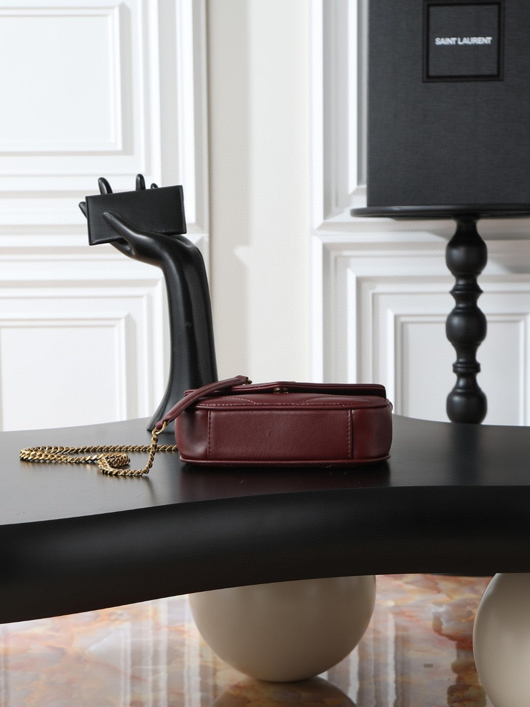 Saint Laurent Loulou Mini crossbody bag in the Hot Wine burgundy lambskin leather with gold-toned hardware