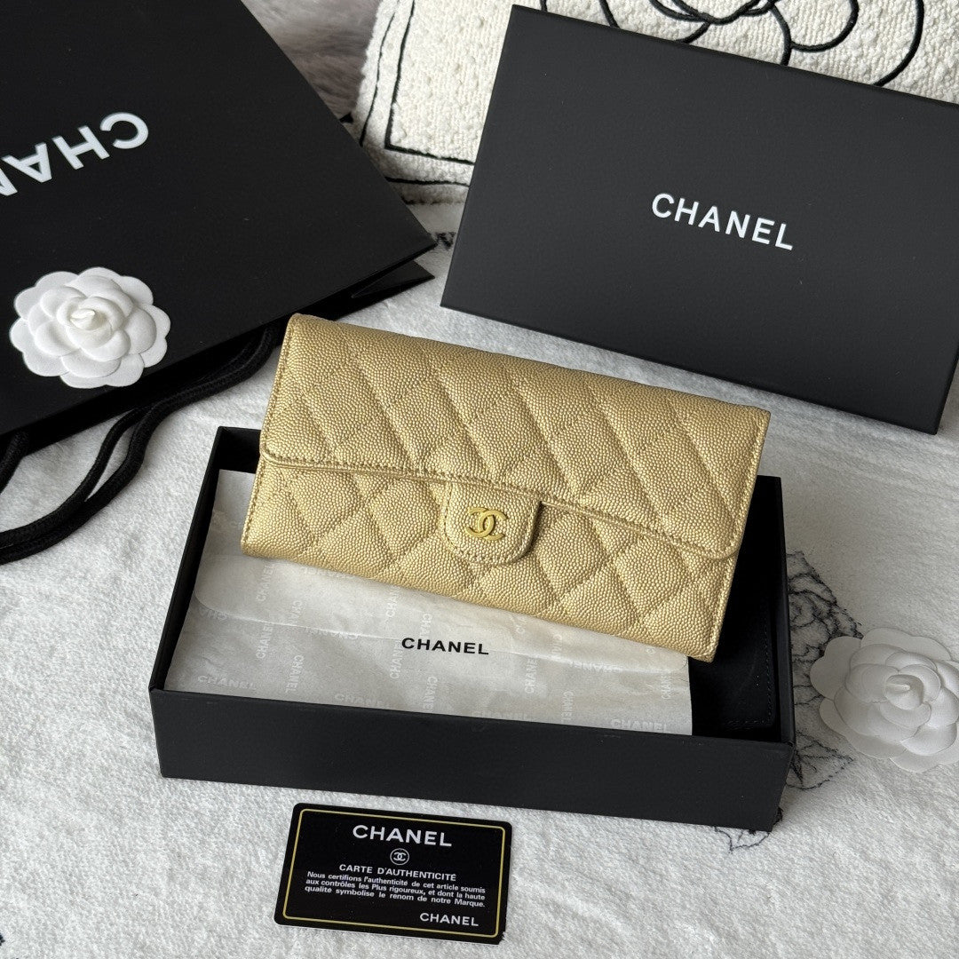 Chanel Classic Long Flap Wallet in black caviar leather with gold-tone hardware