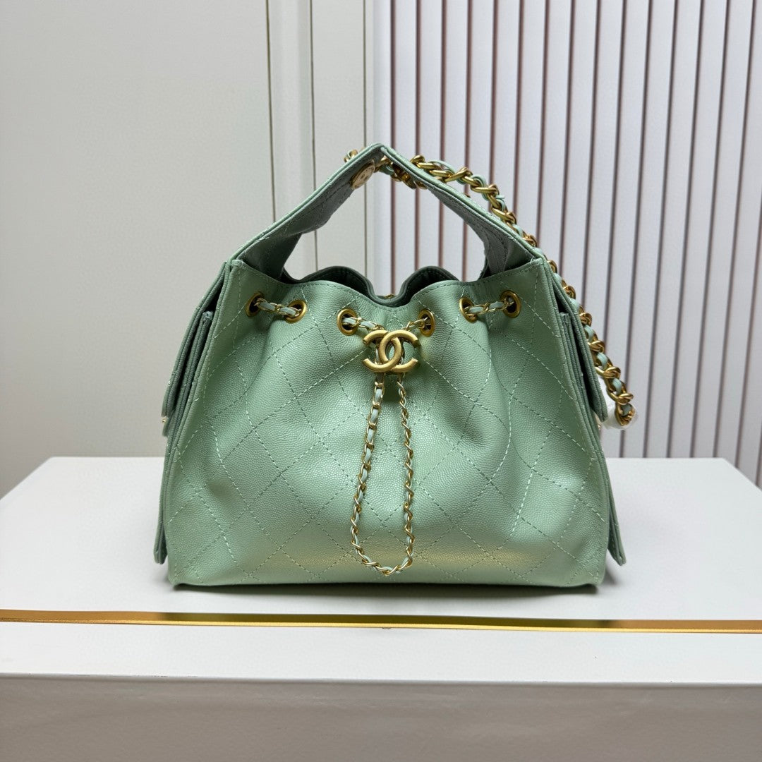 Chanel 25 Small Hobo Bag in black caviar leather with antique gold-tone hardware