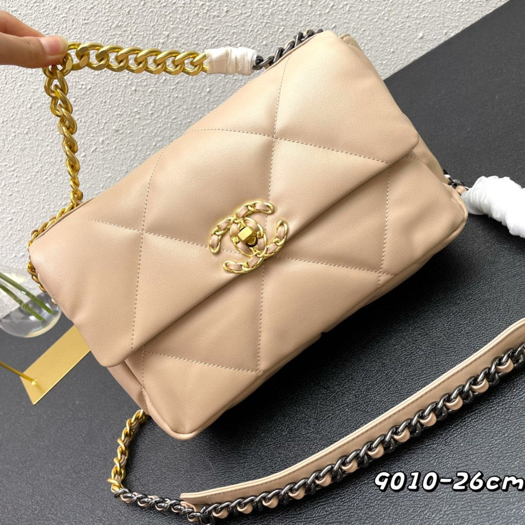 black Chanel 19 flap bag in lambskin with gold-tone