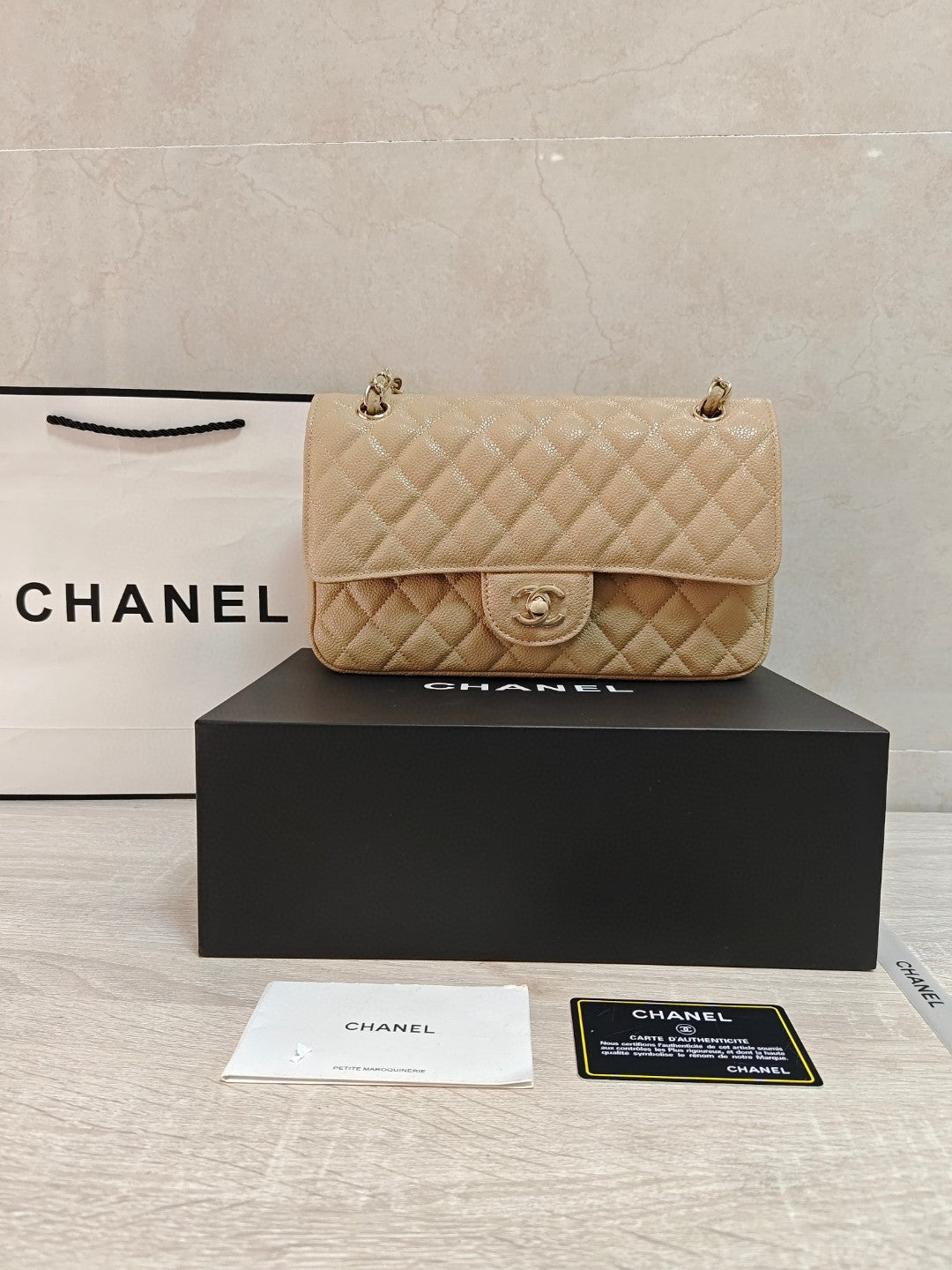 Chanel Classic Double Flap bag in white caviar leather with silver-tone hardware