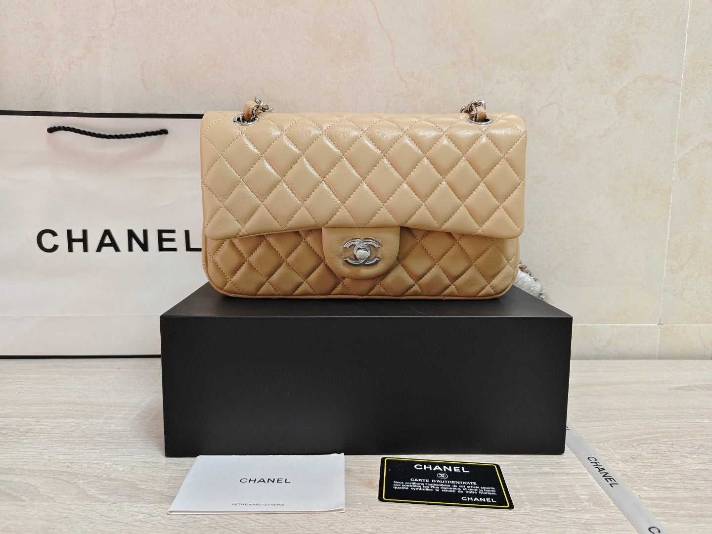 Chanel Classic Double Flap bag in burgundy lambskin leather with silver-tone hardware