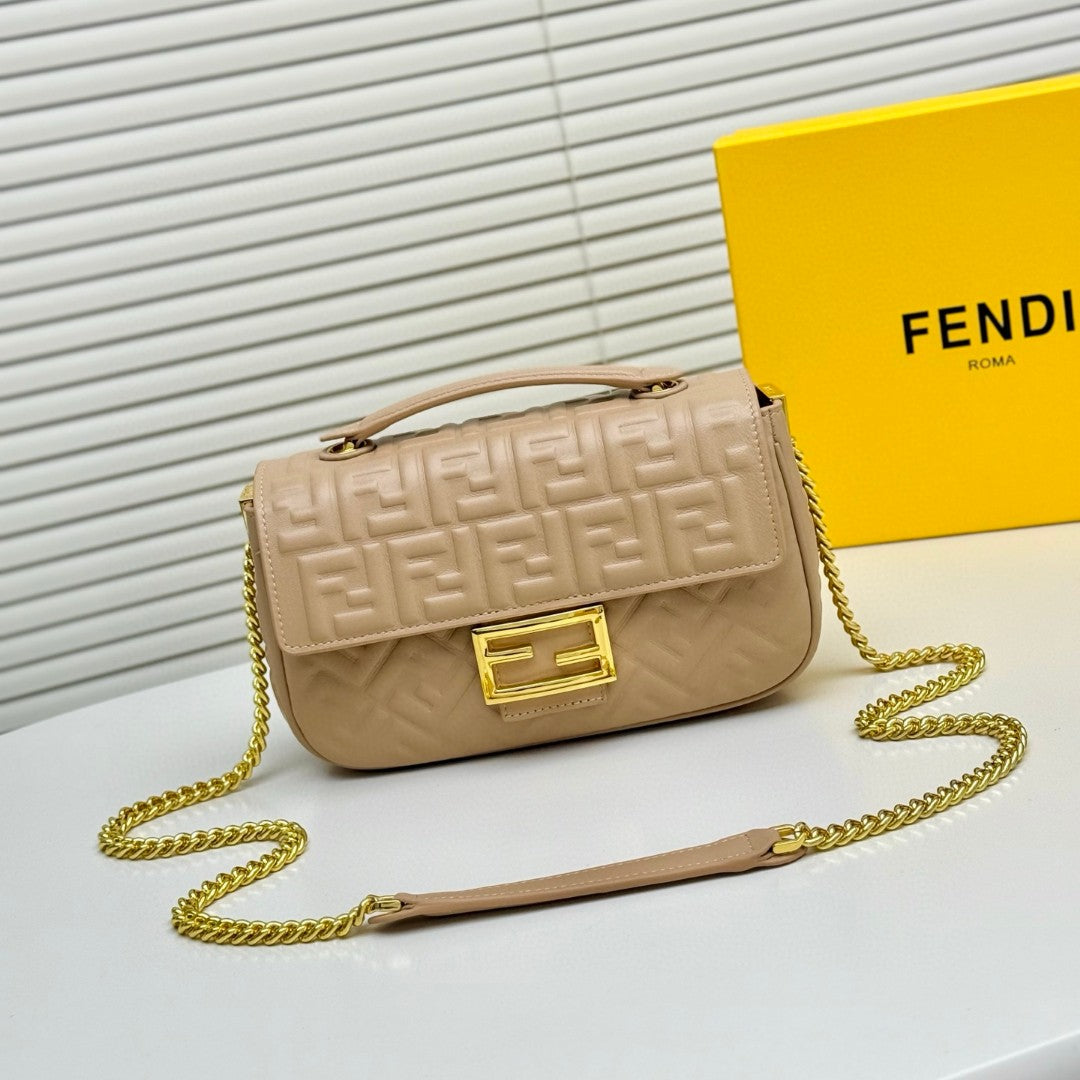 Fendi red FF embossed leather Midi Chain Baguette bag