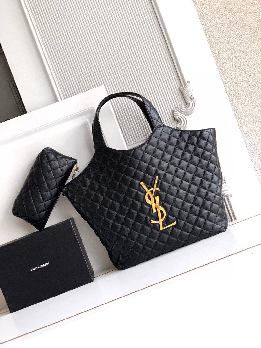Saint Laurent Icare Maxi Tote/Shopping/Travel Bag in quilted black lambskin